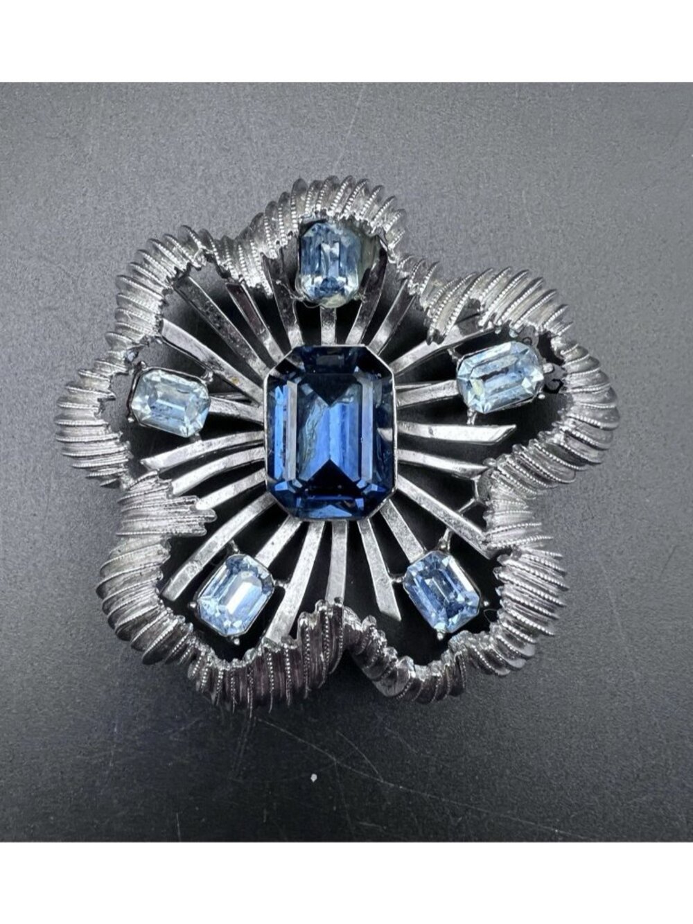 Vintage Silver Tone Blue Rhinestone Coro Sculptural Floral Brooch Pin 2.25”